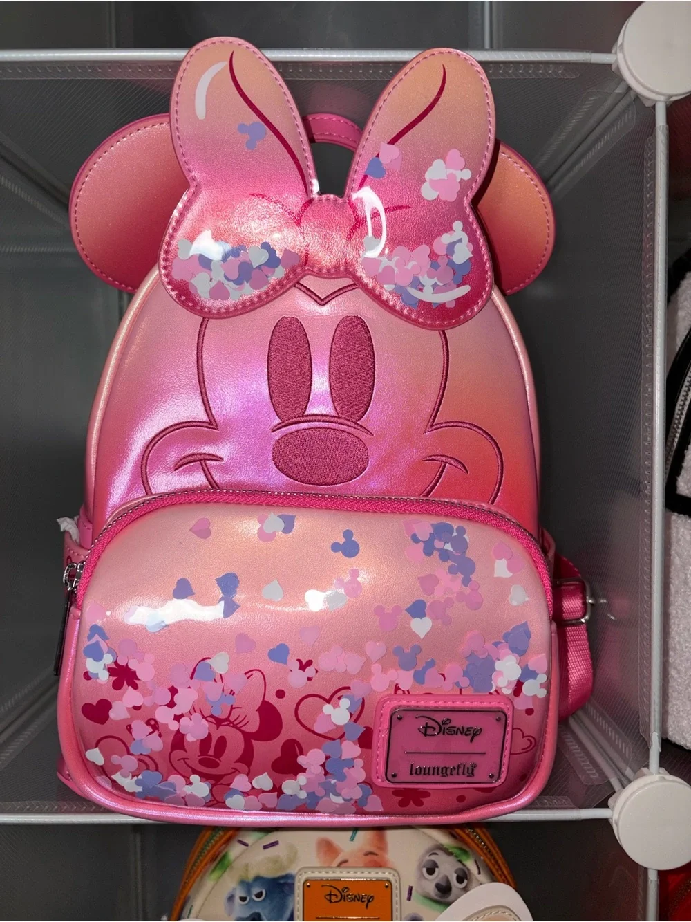 Loungefly Iridescent Pink Minnie Mouse Backpack with Confetti Bow